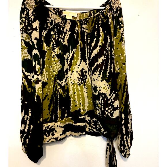 Michael Kors 100% Silk green camo print blouse 3X plus size ruched neckline Boho - Picture 5 of 16